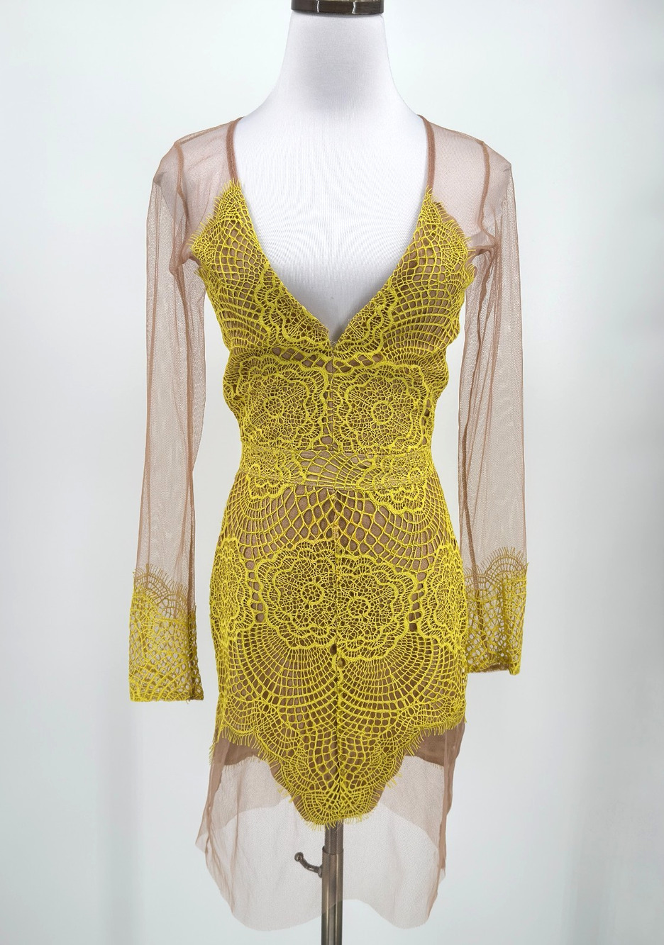 For Love & Lemons Antigua Yellow Beige Lace Mesh Layered Mini Dress Sz S